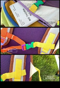 Detail of color-block backpack showing front zip pocket, chest buckle and reinforced stitching