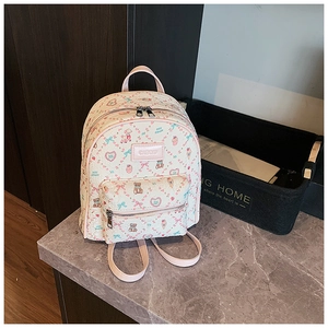Detail view of cream PU mini backpack with cute bear prints and pink zipper trim