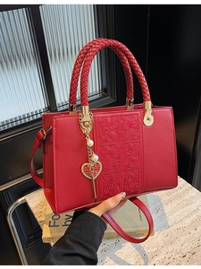 Women Vintage Red PU Leather Handbag With Woven Handle Heart Artificial Pearl Pendant Embossed Floral Top Handle Crossbody Bag