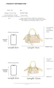 Size chart showing dimensions and proportions of the plaid cylinder bag compared to a phone