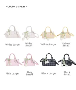 Detailed comparison of multi-color plaid barrel bags in large and small sizes