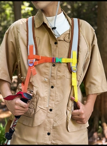 Detail of adjustable colorful buckle and breathable mesh straps on outdoor backpack