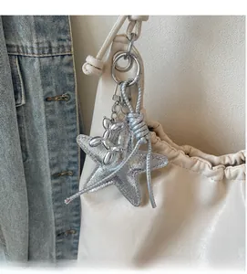 Detail of silver star and balloon dog charm on a white leather tote bag with denim background