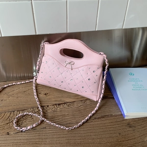 Elegant Women Rhombus Quilted PU Leather Crossbody Bag With Rhinestone Bow Decor Woven Chain Strap Shoulder Clutch Bag