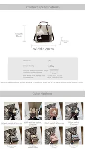 Detailed chart showing mini PU leather backpack dimensions 20x19x8cm and various colors