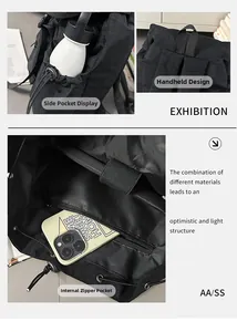 Detail showing side drawstring pocket and internal zipper compartment for 15-inch laptop
