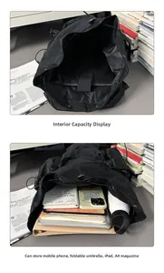 Detail view of large capacity backpack interior showing laptop compartment and pockets