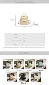 Size chart for women's PU leather backpack with dimensions and multi-color options