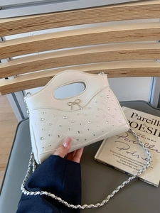 Damen Gesteppte PU Leder Umhängetasche Mode Strass Bogenknoten Dekor Kleine Quadratische Schultertasche Mit Metallkette
