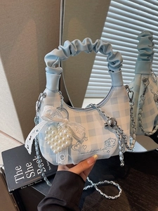 Gingham Checkered PU Leather Crossbody Bag With Ruched Handle Artificial Pearl Heart Pendant Metal Chain Fashion Sweet Style