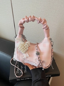 Pink plaid chain crossbody bag with pleated cloud handle and pearl heart charm
