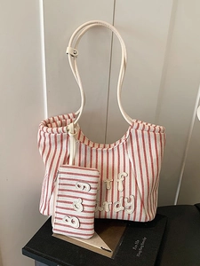 Women Large Capacity Striped Tote Bag Set Special PU Fashion Shoulder Bag With Small Pouch For Commuting School Daily Casual Shopping Bag