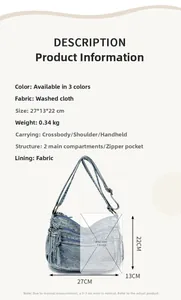 Sac bandoulière bleu en tissu délavé, 27x13x22cm avec plusieurs poches zippées de rangement