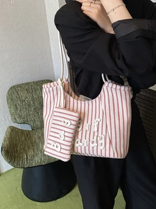 Striped canvas tote bag set with red letter embroidery and shoulder strap for daily use
