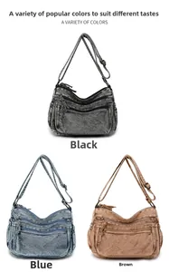 Comparaison détaillée de trois sacs bandoulière en jean vintage noir, bleu et marron
