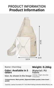 Detailed size chart showing cream PU leather sling bag dimensions 18x30x6cm with compartments