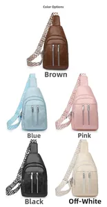 Crossbody chest bags in brown, blue, pink, black, and beige with patterned straps