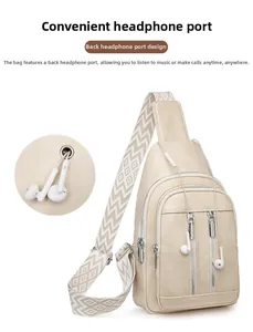 Detail of crossbody bag featuring a dedicated headphone port and stylish patterned strap