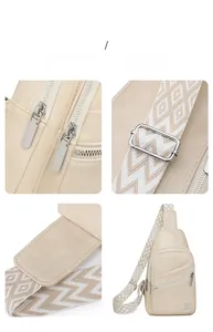 Close-up of beige crossbody chest bag showing silver hardware, zipper and woven strap