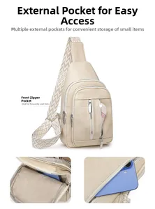 Detail view of beige crossbody bag with multi-pocket design and woven geometric strap