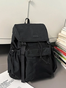 Black nylon hiking backpack with multi-pockets and drawstring cover for outdoor and school