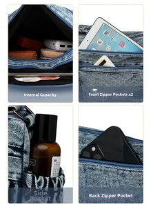 Détail des compartiments d'un sac bandoulière en denim avec poches de rangement