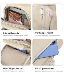 Detail view of large capacity beige shoulder bag with multiple functional zip pockets