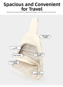 Detail view of the multi-layer zipper structure on the beige faux leather crossbody bag