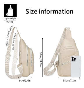 Detail view of beige lychee leather chest bag with geometric strap and size dimensions