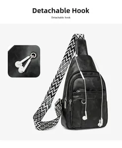 Detail of the headphone port and textured PU leather surface on this black chest bag
