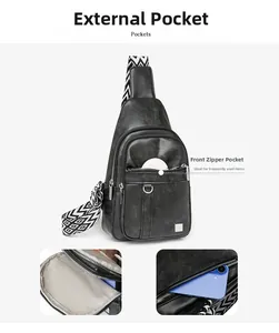 Detail view of black PU sling bag with textured strap showing exterior zipper pockets