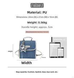 Detailed size specifications of blue denim texture bag with iPad and phone scale comparison