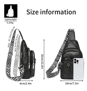 Detailed size guide for black chest bag with dimensions and phone scale comparison