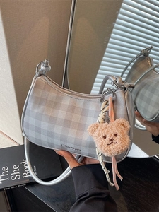 Fashion Gingham Hobo Crossbody Bag For Women PU Leather Plaid Shoulder Bag With Detachable Plush Bear Charm Knot Strap