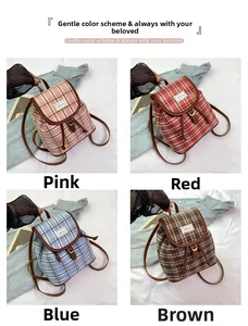 Collage of checkered backpacks in pink, red, blue, and coffee colors with leather straps