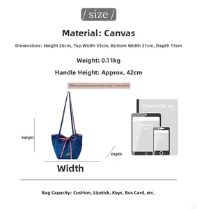 Size chart showing large capacity blue canvas tote bag dimensions and item compatibility