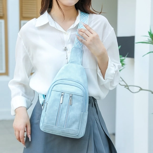 Detail of light blue crossbody bag with silver zippers and geometric patterned strap