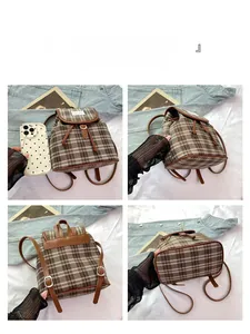 Brown vintage tartan mini backpack with faux leather trim and adjustable straps for women