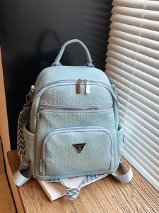 Women Fashion PU Leather Backpack Lychee Grain Multi-Pocket Casual Travel Daypack With Contrast Webbing Shoulder Strap For Lady