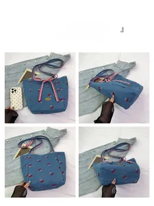 Detailed four-way view of a denim tote bag with cherry embroidery and checkered bows