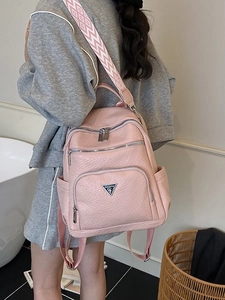 Pink lychee texture backpack with adjustable jacquard wide strap and multi-zipper pockets