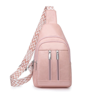 Pink PU leather crossbody chest bag featuring adjustable wave-patterned wide fabric strap