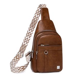Detail of brown PU leather crossbody bag featuring dual zippers and geometric strap