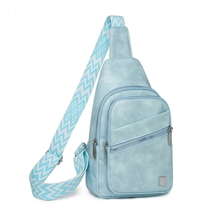 Detail view of mint blue chest bag featuring multi-zipper pockets and woven strap