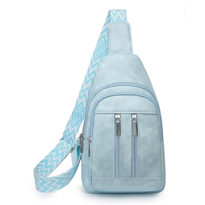 Detail of light blue shoulder bag with geometric woven strap and silver zippers