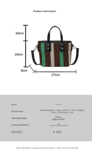 Tableau détaillé des tailles pour un sac seau tissé vert et beige avec anses en cuir