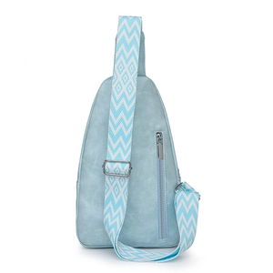 Close-up of light blue crossbody bag with wide chevron strap and front zipper detail