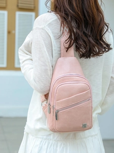 Pink sporty chest bag for women with decorative ethnic pattern wide shoulder strap