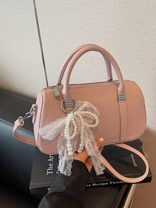 Women's Fashion Boston Bag Elegant Pebble Pattern PU Leather Handbag With Lace Bow Artificial Pearl Charm Sweet Ladylike Crossbody Bag