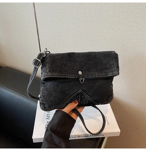 Detail of dark denim crossbody bag featuring a silver button flap and adjustable strap